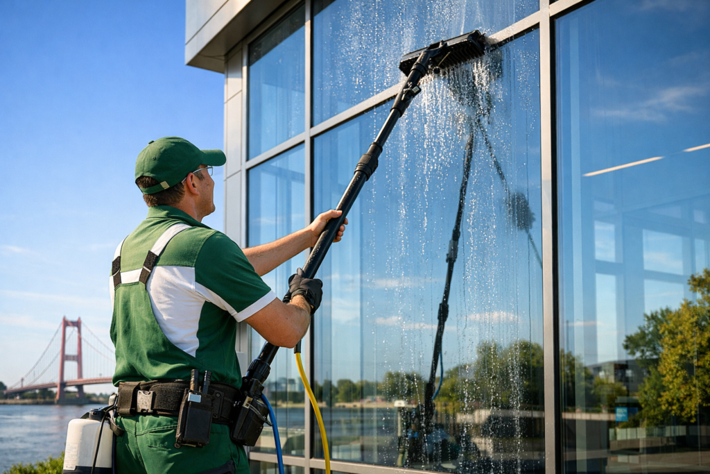 Professionelle Fensterreinigung in Emmerich am Rhein mit Osmose-Technik und wasserführender Teleskopstange.