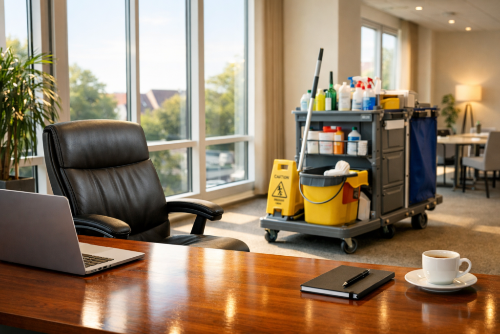 Sauberes und modernes Büro in Kleve mit professionellem Reinigungswagen im Hintergrund.
