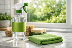 Ökologische Reinigungsmittel und ein Mikrofasertuch auf einer sauberen Oberfläche in Emmerich.