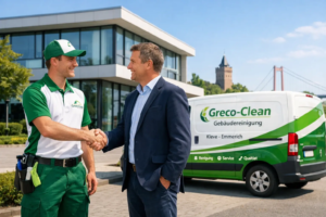 Professioneller Gebäudereiniger von Greco-Clean schüttelt einem Kunden in Emmerich die Hand.
