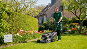 Gärtner von Greco-Clean bei der Rasenpflege und dem Heckenschnitt in einem Garten in Emmerich.