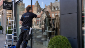 Professionelle Schaufensterreinigung in der Innenstadt von Kleve für ein Ladengeschäft.